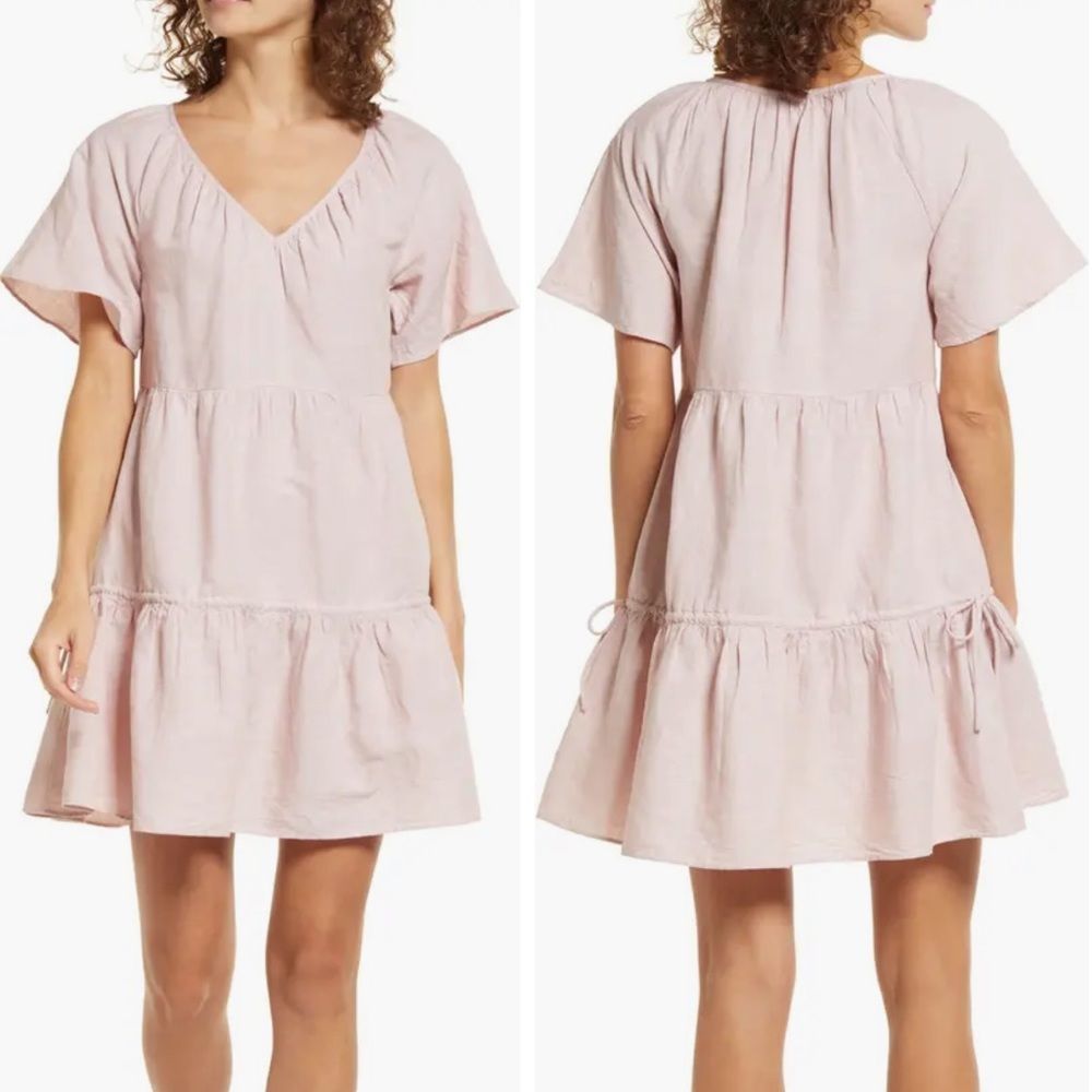 Madewell Linen Blend Lorelei Minidress V-Neck Tiered Dusty Blush Size‎ Small